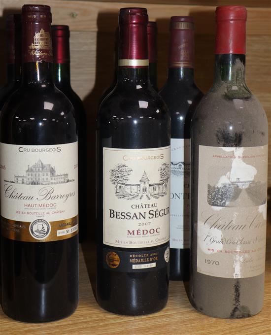 Eight assorted wines including Ch. Canon, St Emilion, 1970, Ch.de Gazin, 1996, Ch.poulet-Canet 1998 and Bessau Segur, 2007